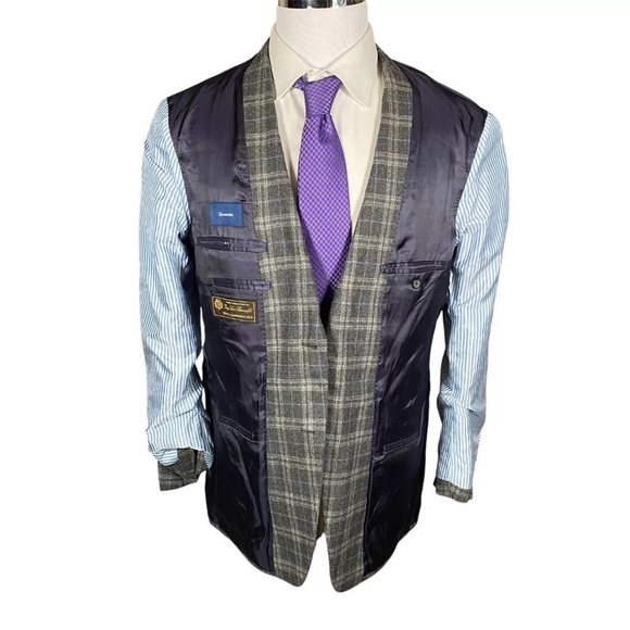 Faconnable Loro Piana Sport Coat 41R Wool Cashmere Silk Flannel Grey Plaid - Picture 10 of 16